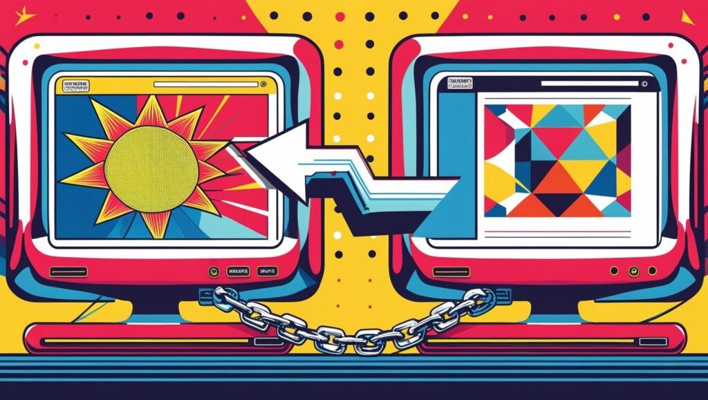 Deux ordinateurs reliés par une chaîne symbolique, chacun affichant un site web, avec une flèche montrant le transfert de popularité d’un site vers l’autre.