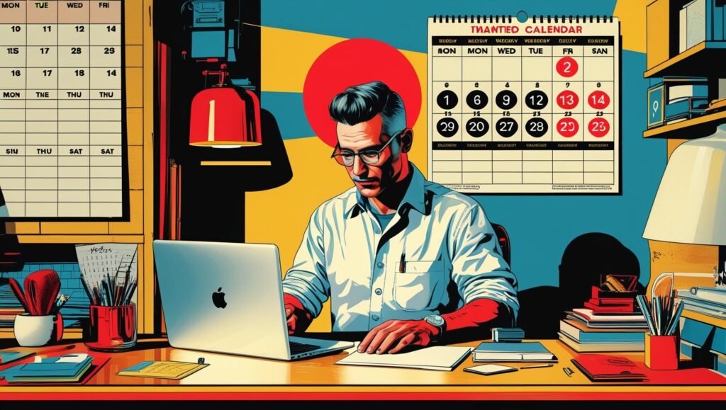 Un artisan assis à un bureau travaillant sur un ordinateur portable avec un calendrier affichant 14 jours entourés en rouge, ambiance dynamique et organisée.