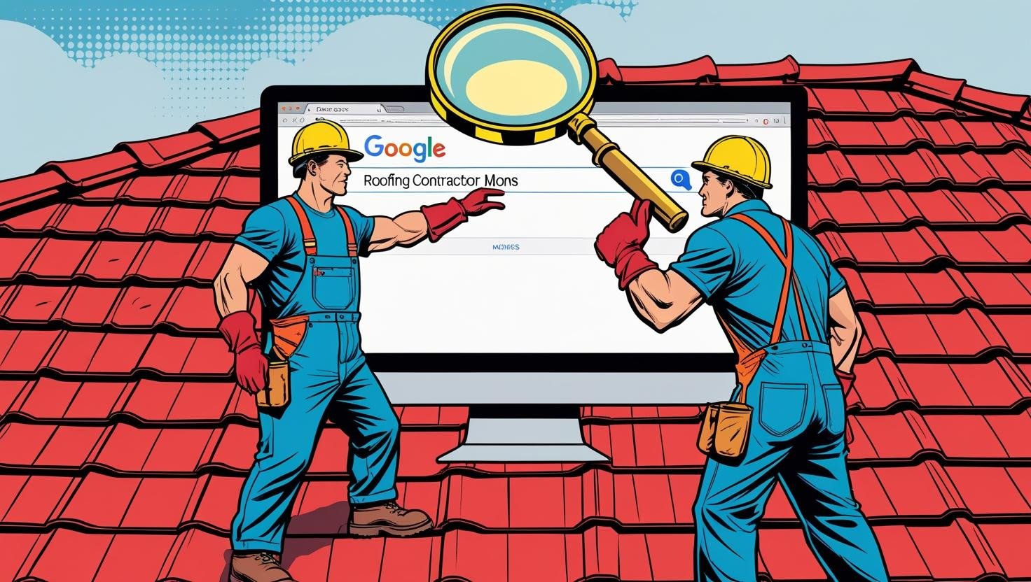 Un artisan couvreur debout sur un toit, avec une loupe géante pointant vers un écran d’ordinateur affichant la recherche Google “entrepreneur toiture Mons” en première position.