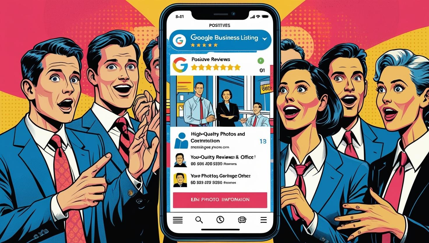 Un smartphone affichant une fiche Google Business complète avec avis positifs, photos et informations de contact, entouré de professionnel regardant l’écran avec surprise.