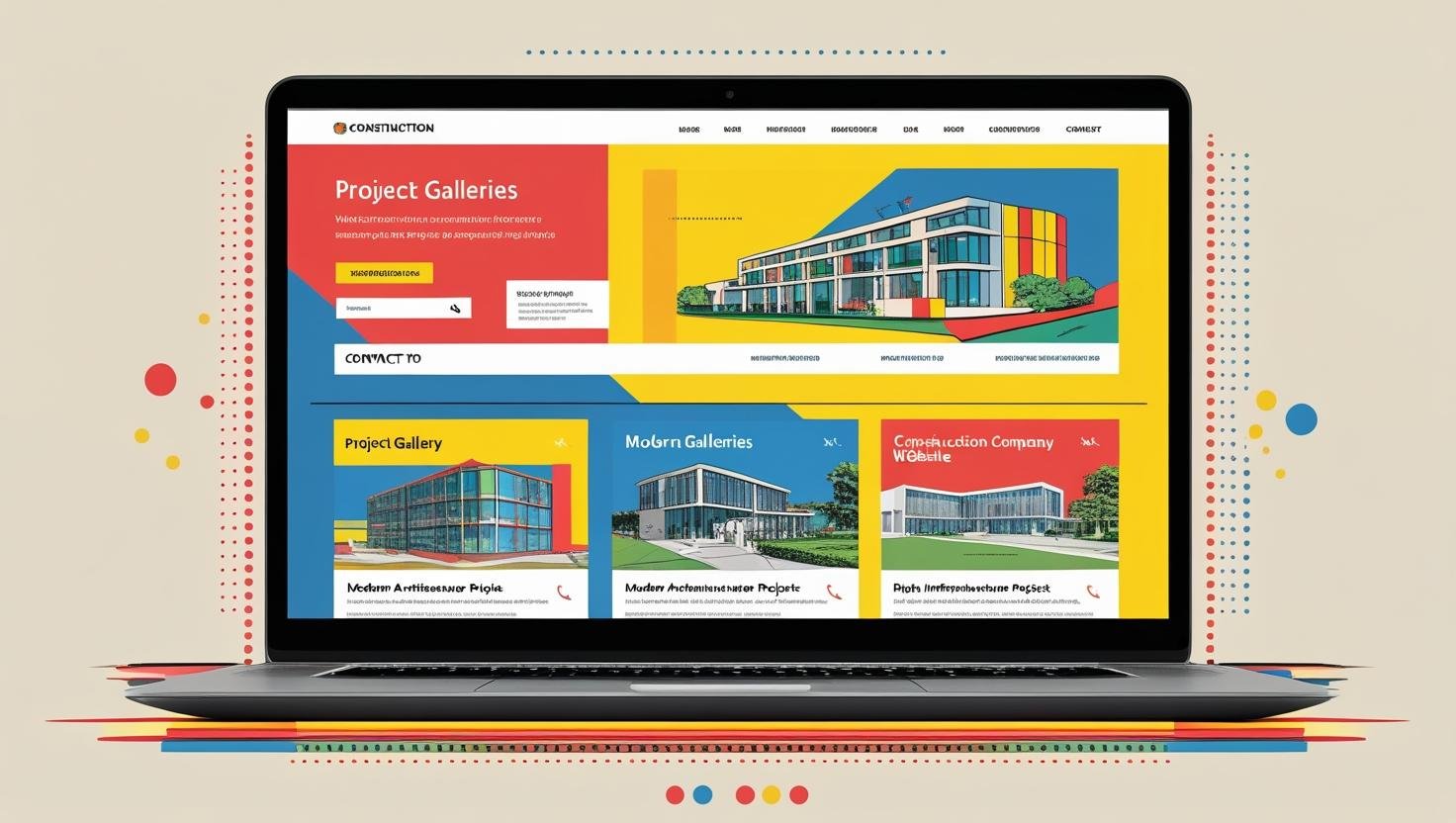 laptop displaying a construction company website with project galleries, contact forms,