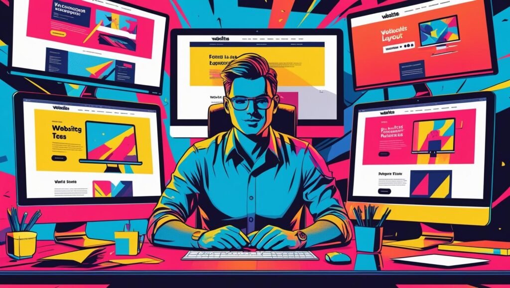 web designer working at a desk with multiple monitors showing website layouts