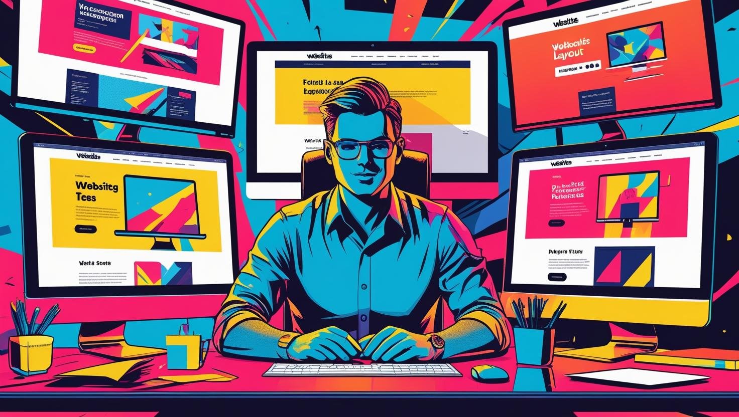 web designer working at a desk with multiple monitors showing website layouts