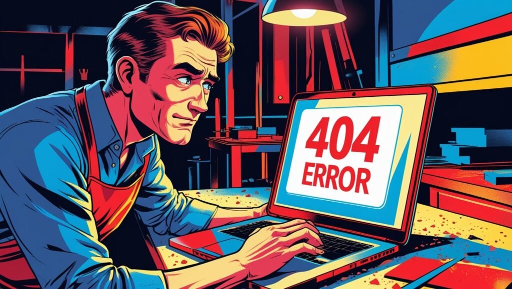 wood craftsman looking at his website on a laptop, he's confused as he's noticing 404 page on his site