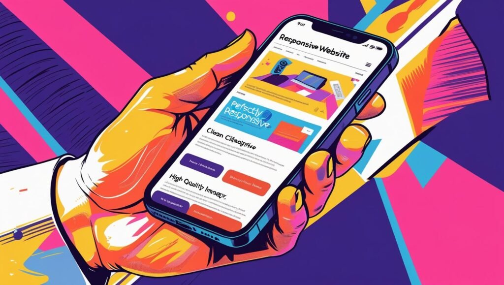 Illustration montrant un utilisateur tenant un smartphone affichant un site parfaitement adapté