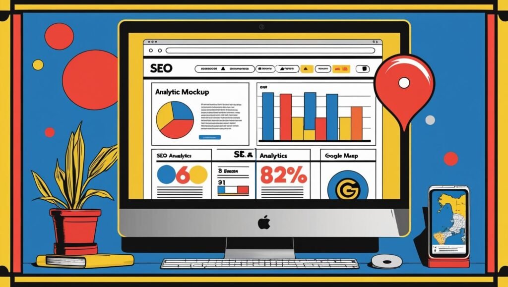 image of a computer screen displaying a well-designed website, SEO analytics, and a Google Maps location pin side by side.