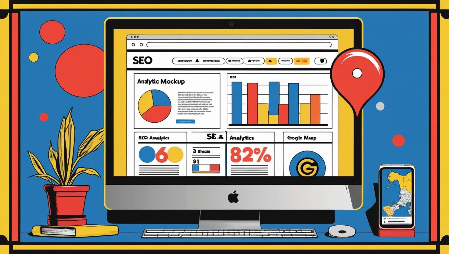 image of a computer screen displaying a well-designed website, SEO analytics, and a Google Maps location pin side by side.