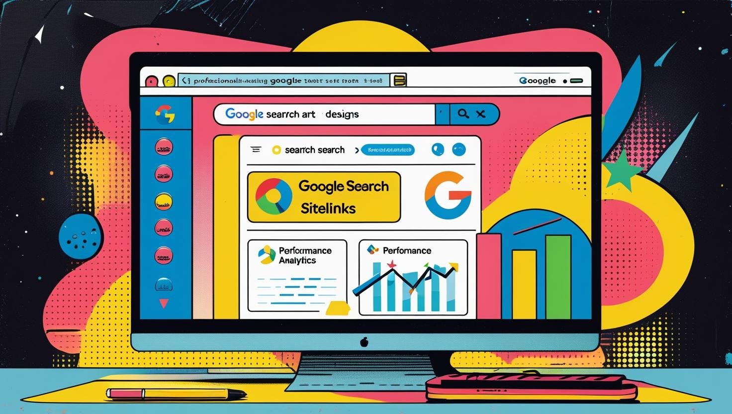 image of a computer screen showing a Google search ad with highlighted sitelinks, alongside performance analytics charts.