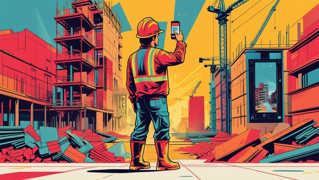 image of a construction worker taking a photo of a building site with a smartphone to share on social media.