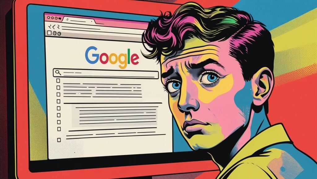 image of a person searching on Google with a blank results page, looking puzzled in front of a computer screen. (1)